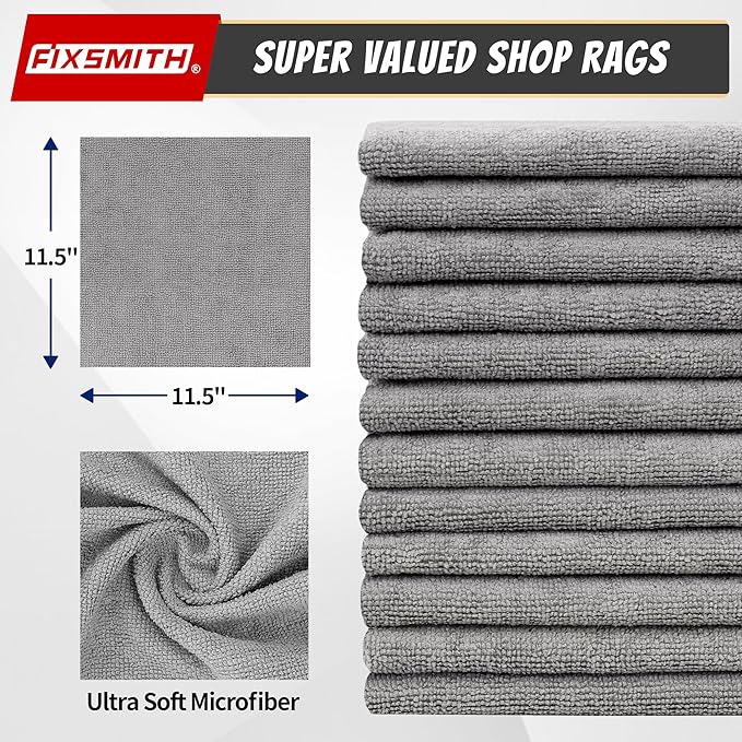 FIXSMITH Shop Towels, Pack of 200, Grey Microfiber Cleaning Cloth Bulk, Microfiber Towels for Cars, All-Purpose Absorbent Cleaning Rags, Dust Cloth for Automotive, Mechanic, Garage, 11.5 x 11.5 inch