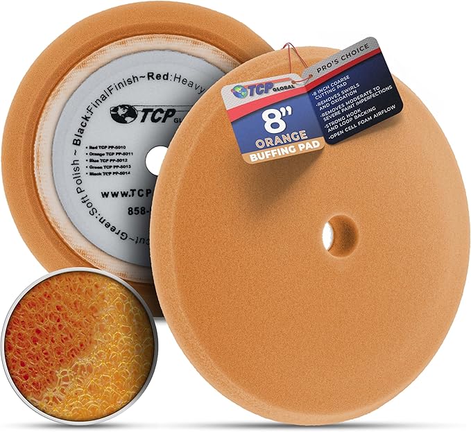 TCP Global 8" Orange Foam Buffing Pad Extra Coarse Cutting Polish Hook and Loop Backing - Buffing Pad for Automotive, Marine, Truck, RV & Compound Cutting