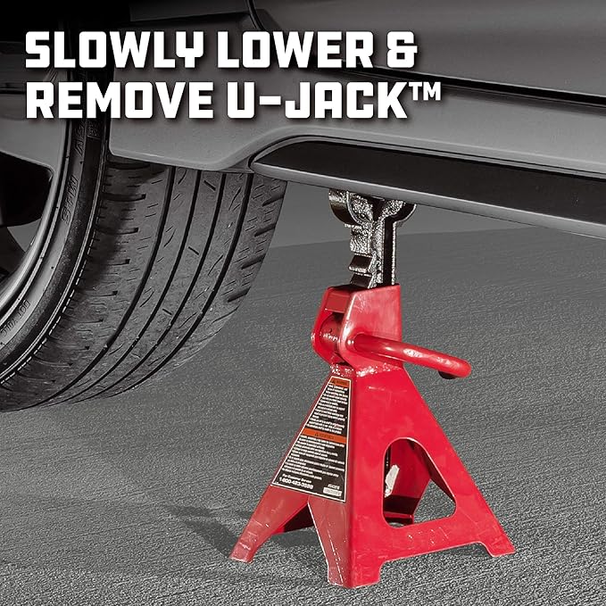 Powerbuilt 2 Ton U-Jack Garage Jack, 3000 LBS Loading Capacity, Lift Range: 4-1/2-Inch to 18-3/4-Inch, Unique Saddle for sliding jackstand into - 620516