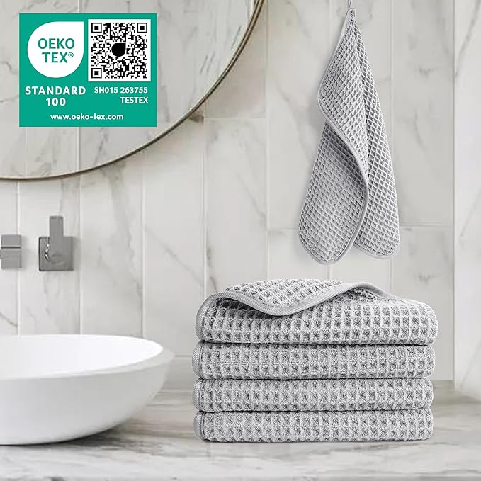 POLYTE 430 GSM Microfiber Lint Free Washcloth Face Towel, 13 x 13 in, 4 Pack (Waffle Weave)