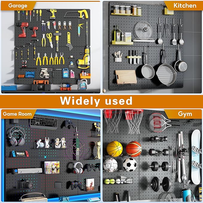 Peg Board,Total 32” x 32”, 68PCS Heavy Duty Metal Pegboard with Hooks, 4 Pack Black Peg Board Panels, 50lbs Load Capacity Each, Pegboard Wall Organizer for Garage, Workshop, Craft Rooms