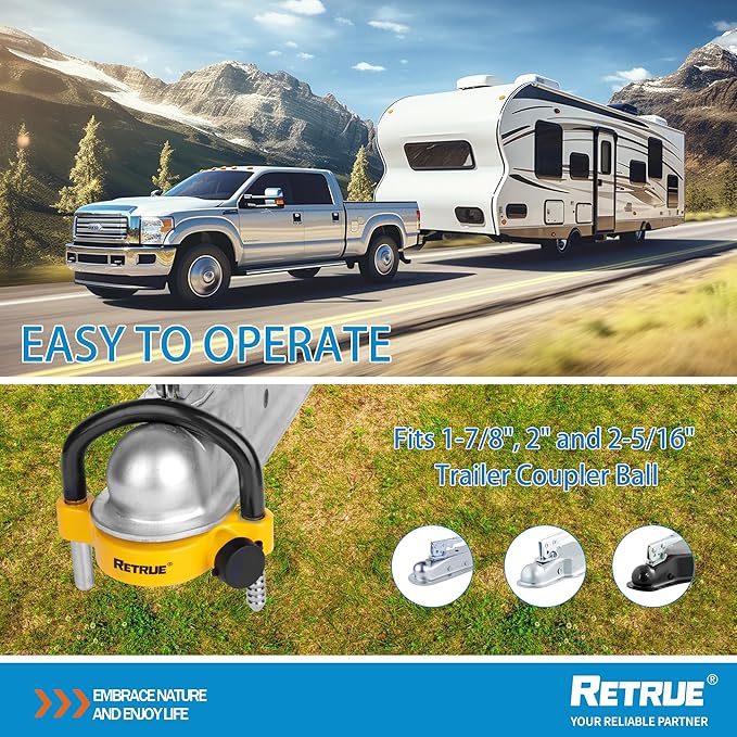 RETRUE Universal Trailer Ball Lock Hitch Coupler Locks Fits 1-7/8 Inch, 2 Inch, 2-5/16 Inch Couplers Adjustable Security with Weatherproof Cover and Cap, Yellow