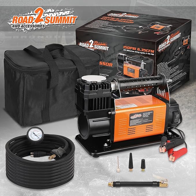 Heavy Duty Portable 12V Air Compressor Kit Inflate 6.35CFM (180L/ Min), Max 150PSI, Off-Road Air Compressor Kit for 4x4 Vehicle RV, Air Pump for ATVS Tire, for Car and SUV Tire