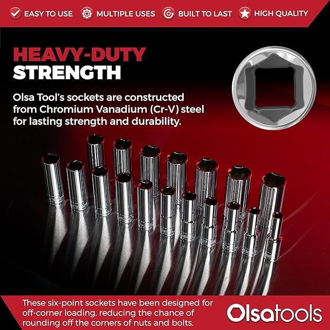 Olsa Tools Metric Deep Socket Set - 1/2-Inch Drive, 18pc - 6-Point Chrome Sockets from 10mm–27mm and No Skipped Sizes - Mechanic Deep Metric Socket Set - Professional Grade Long Sockets - Part: 1325
