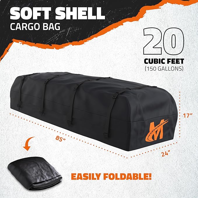 Mockins 85"x24"x4" Extendable Skinny Roof Rack Cargo Carrier w/ 20 CuFt Soft-Shell Rooftop Cargo Bag for Top of Car | 250 Lbs Cap Weatherproof Narrow Car Top Carrier Set w/Straps, Lock, & Carry Case