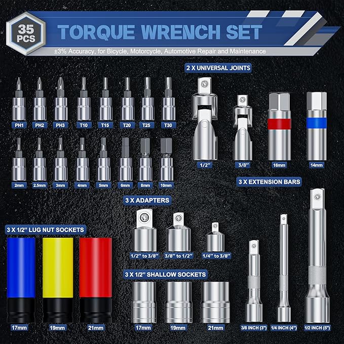 Torque Wrench Set 35PCS, 1/4" 3/8" 1/2" Drive Click Torque Wrench, 72 Tooth Dual-Direction Adjustable, Dual Scale, ±3% Accuracy, for Bicycle, Motorcycle, Automotive Repair and Maintenance