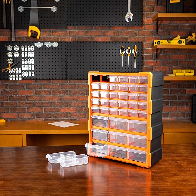 Amazon Basics Wall Mount Hardware and Craft Storage Cabinet Organizer with 39 Drawers, Plastic Garage Organization System with Dividers for Small Parts, Black, Orange, 15" x 6.3" x 18.6"