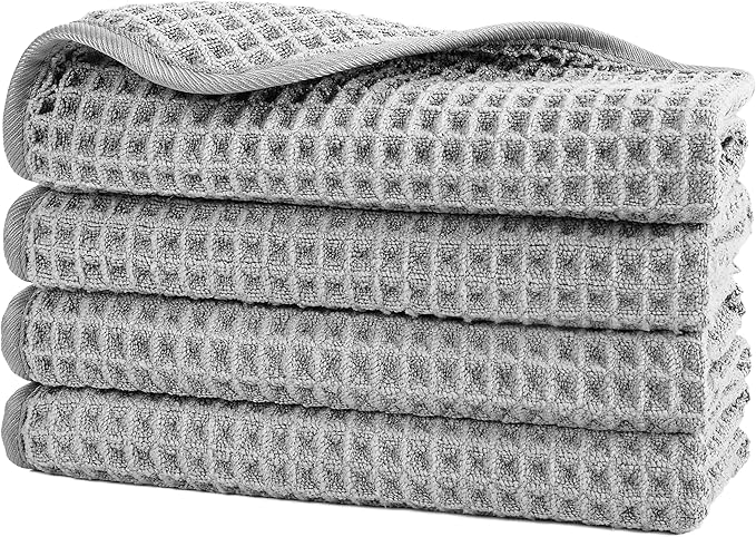 POLYTE 430 GSM Microfiber Lint Free Washcloth Face Towel, 13 x 13 in, 4 Pack (Waffle Weave)