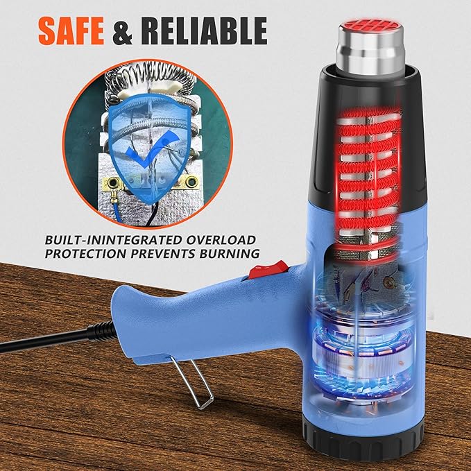 Digital Display Heat Gun, Temperature Setting 212 ℉~1202 ℉ (100 ℃ and 650 ℃), Fast heating tool Hot Air Gun, With four nozzles and Overload protection, Used for vinyl wrapping and shrink tubing