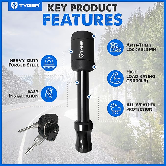 Tyger Auto Solid Trailer Hitch Lock Pin with Locking Key - for 5/8 inch Pin Holes on 2 inch Receivers | Two-Pack Combo | Class III IV V | 19,000 lb Load Rating | TG-HL3U022B | Weatherproof Anti-Theft