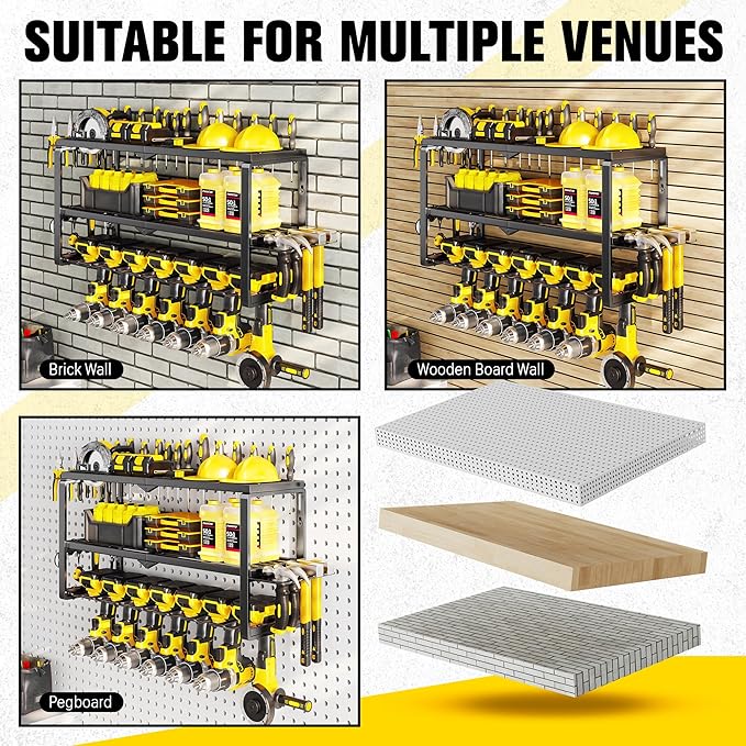 Hipidian Heavy Duty Power Tool Organizer Wall Mount - 300lb Capacity 3-Tier Storage Rack with 7 Drill Holders for Garage Workshop Tools
