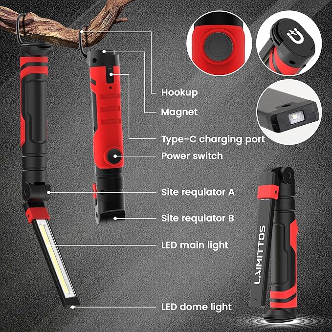 Rechargeable Work Light 2500mAh Magnetic LED Work Light Flashlight Mechanic Light Tool for Men Him, Foldable Lamp with Hook for Car Repair Emergency BBQ Grill (2 Pack)