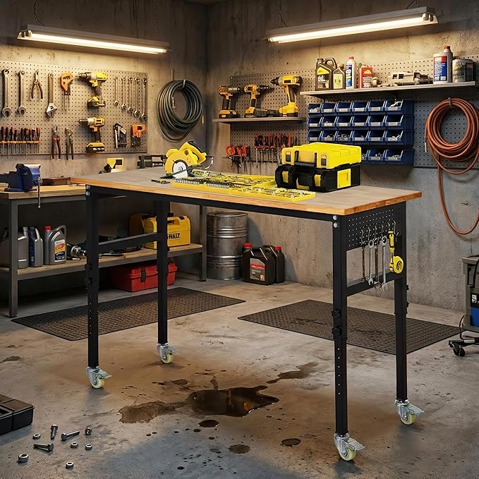 48" x 24" Heavy Duty Adjustable Workbench with Casters & Thickened Legs, 8-Level Height Adjustment, with Scale, Pegboard and Hooks, Rubberwood Worktable for Garage or Work