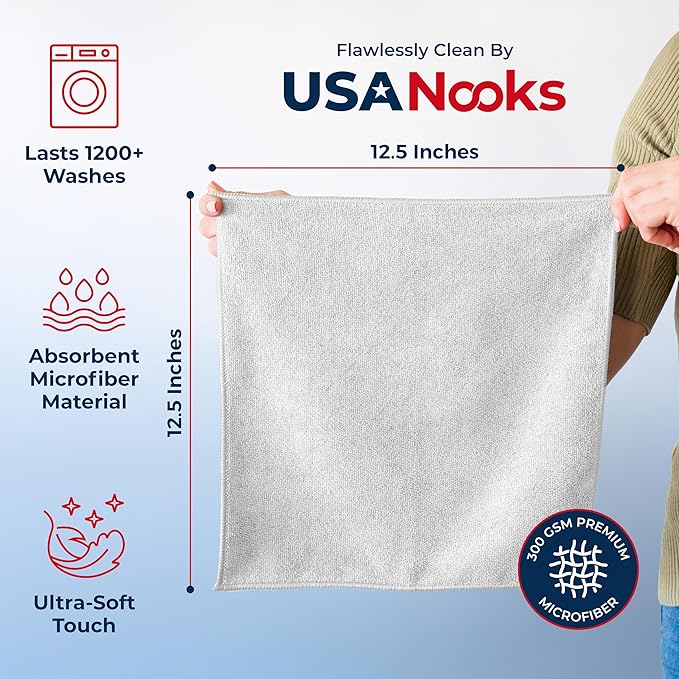 USANOOKS Microfiber Cleaning Cloth - White - 100Pcs (12.5x12.5 inch) High Performance - 1200 Washes, Ultra Absorbent Car Towel Traps Grime & Liquid for Streak-Free Mirror Shine - Car Washing Cloth