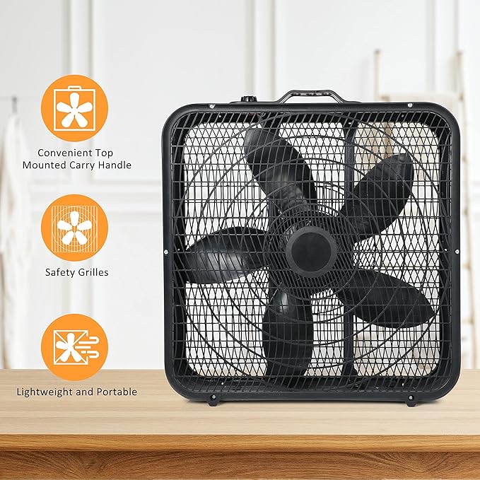 Simple Deluxe 20” Box Fan, 3-Speed Cooling Table Fan with Aerodynamic Shaped Fan Blades, Convenient Carry Handle and Safety Grills, Black