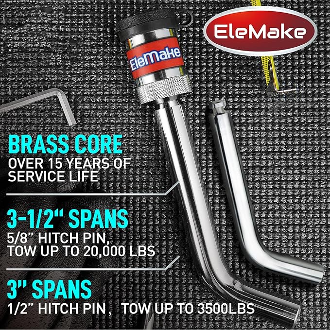 Elemake Trailer Hitch Lock, Anti-Rust Brass Core Hitch Pin Lock with 1/2" and 5/8" Dual Pins, Extra Long 3-1/2" Effective Length for Class I-V Receivers (1-1/4", 2", 2-1/2"), 20,000 LBS Towing