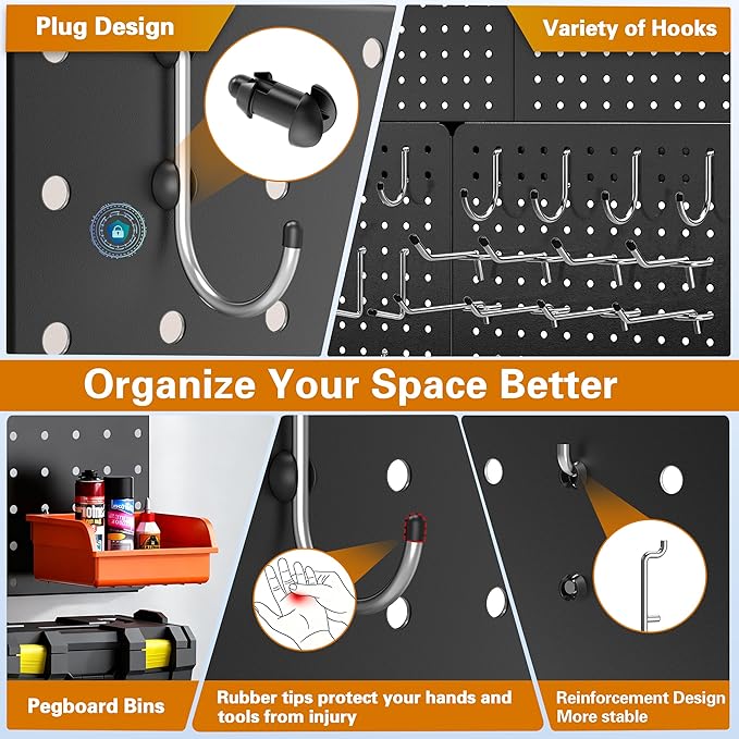 Peg Board, 70PCS Heavy Duty Metal Pegboard with Hooks, 6 Pack Black Peg Board Panels, 50lbs Load Capacity Each, Pegboard Wall Organizer for Garage, Workshop, Craft Rooms Total 24” x 36”