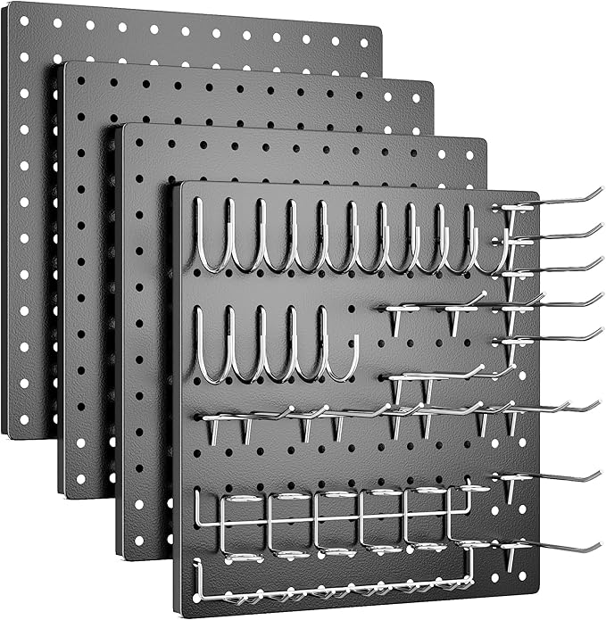 Peg Board, 4 Pack Metal Pegboard Kit,Black Pegboard Wall Organizer with 32 Pcs Hooks, Peg Board for Walls Home, Garage Tool Storage, Office Organization, Kitchen, Craft Room