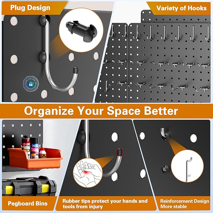 Peg Board, 114PCS Heavy Duty Metal Pegboard with Hooks, 8 Pack Black Peg Board Panels, 60lbs Load Capacity Each, Pegboard Wall Organizer for Garage, Workshop, Kitchen, Craft Rooms