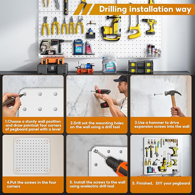 Peg Board, 68PCS Heavy Duty Metal Pegboard with Hooks, 4 Pack White Peg Board Panels, 50lbs Load Capacity Each, Pegboard Wall Organizer for Garage, Workshop, Craft Rooms Total 24” x 24”