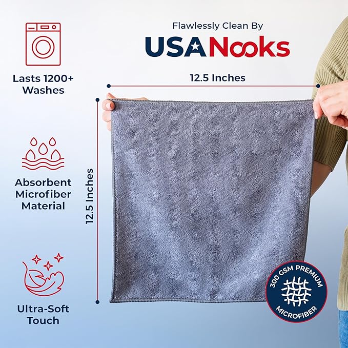 Microfiber Cleaning Cloth Grey - 100 Pcs (12.5"x12.5") - High Performance - 1200 Washes, Ultra Absorbent Microfiber Towel Weave Grime & Liquid for Streak-Free Mirror Shine - Car Washing Cloth