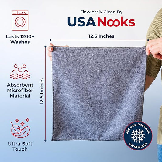USANOOKS Microfiber Cleaning Cloth Grey - 50 Pcs (12.5"x12.5") - High Performance - 1200 Washes, Ultra Absorbent Microfiber Towel Weave Grime & Liquid for Streak-Free Mirror Shine - Car Washing Cloth