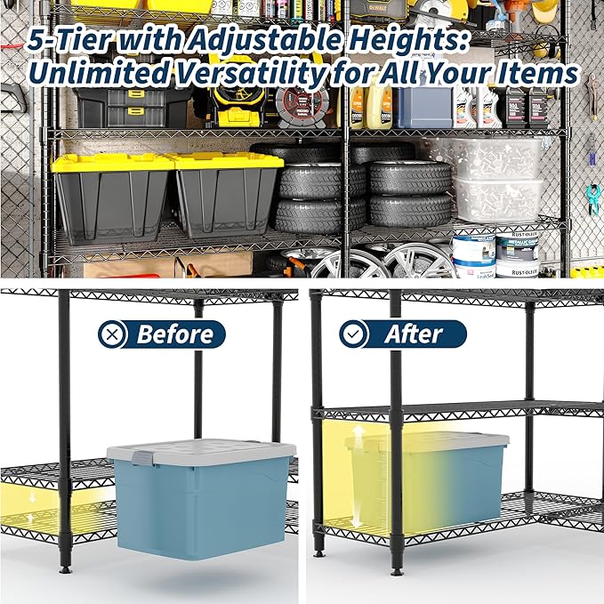 5-Tier Metal Storage Shelves, Heavy Duty Wire Rack Shelving Unit for Garage Kitchen Storage, 15.7"D x 71"W x 70.5"H Adjustable Shelf for Basement & Pantry Room Organization, Easy Assembly