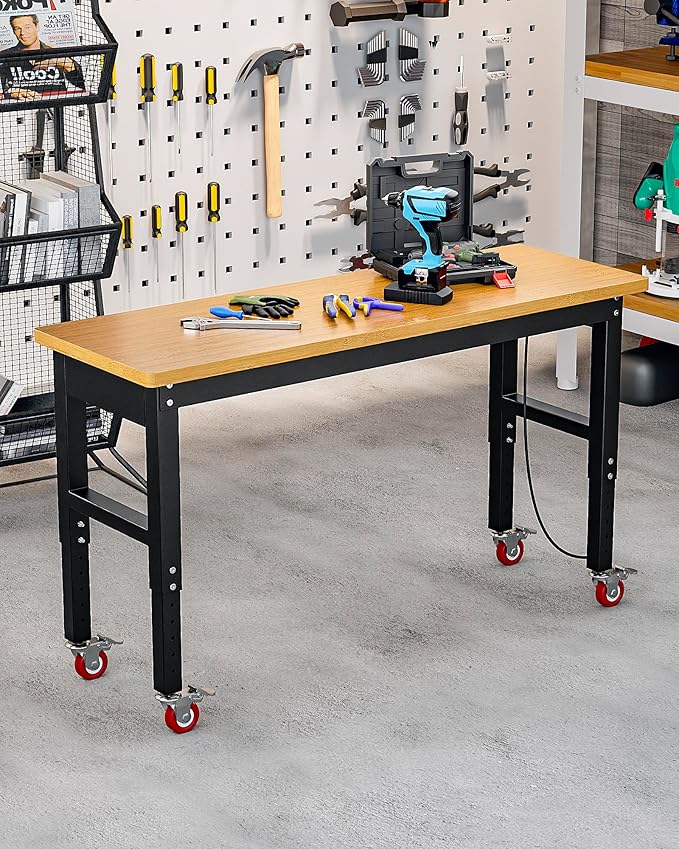 60" Heavy Duty Workbench with Wheels, 2200 LBS Capacity Height Adjustable Work Bench for Garage Bamboo Wood Work Table Work Station with Power Outlet & Pegboard for Garage, Office, Workshop