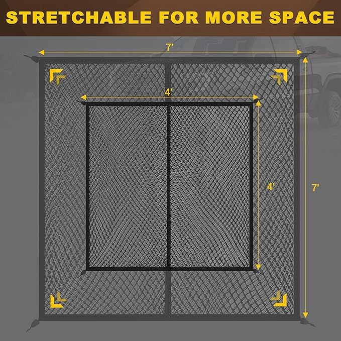 BUMBEE Truck Bed Cargo Net, Highly Elastic Double-Layered Stretchable up to 7ft x 7ft Small Mesh Durable Storage Organizer for Pickup Car Trunk SUV Boat