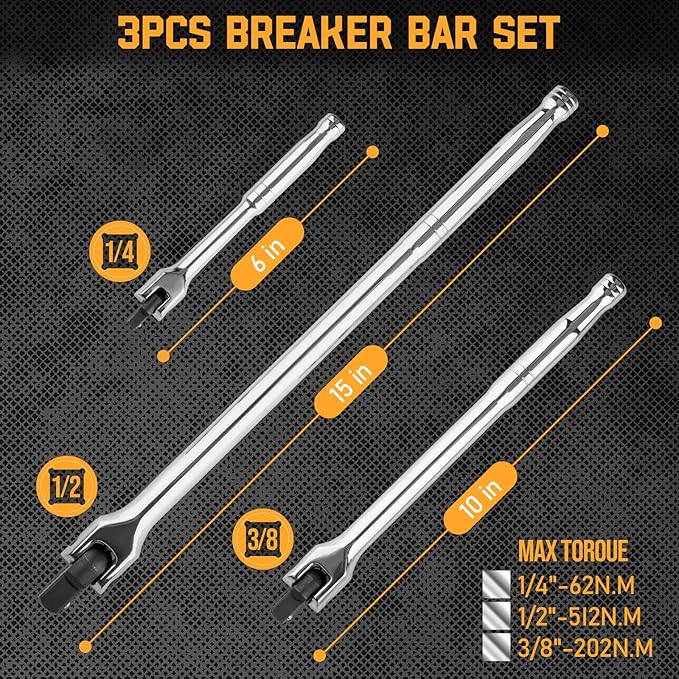 3PCS Breaker Bar Set, 3/8'', 1/4in, 1/2inch Breaker Bars with 180°Rotatable Head, Heavy Duty Breaker Bar Kit with 15 inch, 10 inch, 6 inch Length for Automobile and Motorcycle Maintenance and Repair