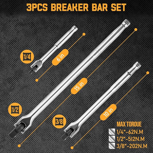 3PCS Breaker Bar Set, 3/8'', 1/4in, 1/2inch Breaker Bars with 180°Rotatable Head, Heavy Duty Breaker Bar Kit with 15 inch, 10 inch, 6 inch Length for Automobile and Motorcycle Maintenance and Repair