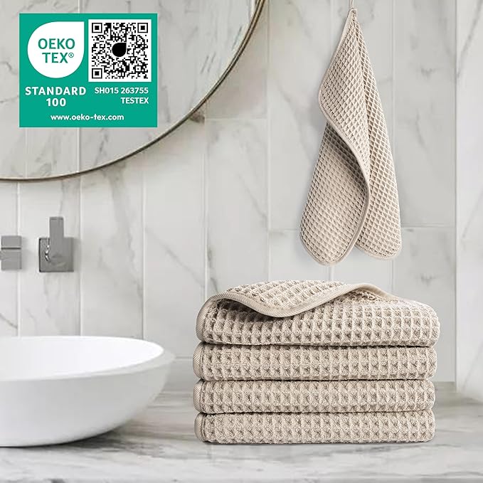 POLYTE 430 GSM Microfiber Lint Free Washcloth Face Towel, 13 x 13 in, 4 Pack (Waffle Weave)