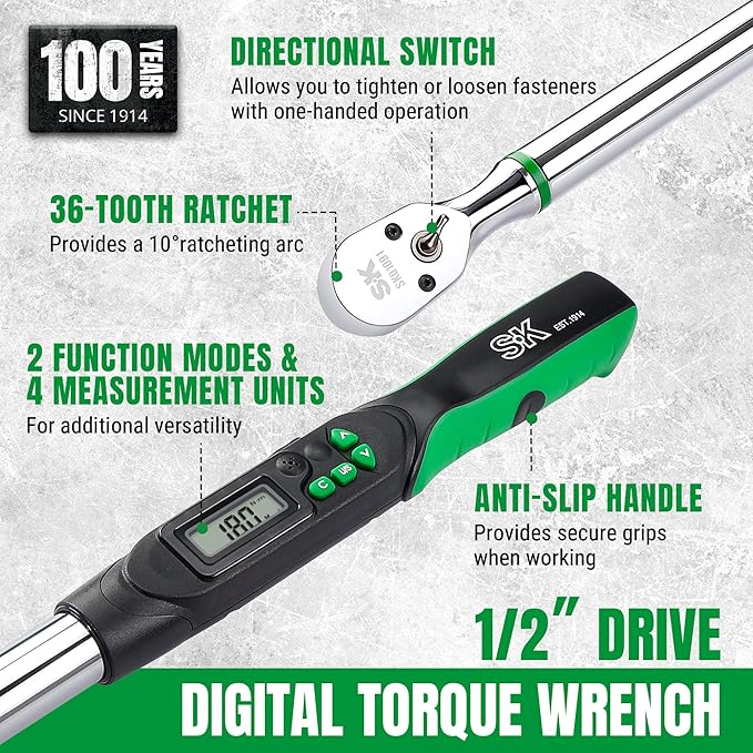 SK 1/2" Drive Digital Torque Wrench, 17 to 340 N-M, LED Display, Four Units of Measure & Flash Notification