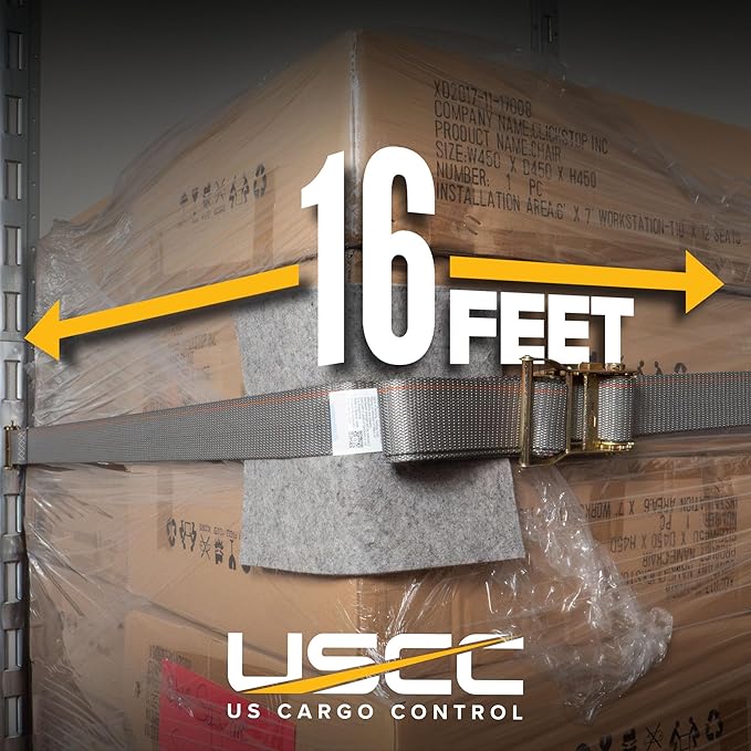 US Cargo Control E Track Straps 2" x 16' (25-Pack), 4,400 LBS Break Strength, Gray Heavy Duty E Track Ratchet Straps with 4' Fixed End and Spring E-Fittings, Logistic Tiedowns for Box Trucks, Vans