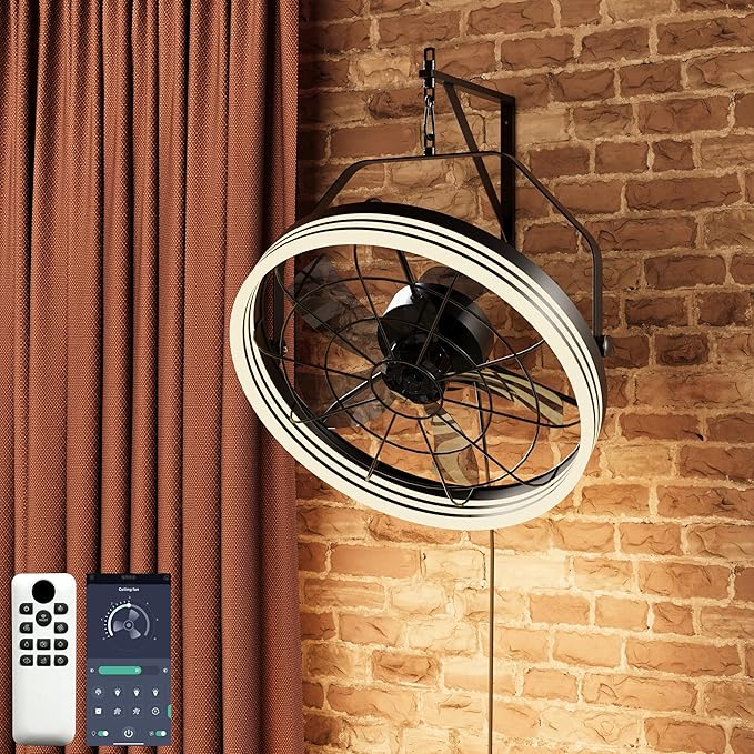 20 Inch Reversible Wall Mount Fan with Light, Plug in 3CCT Dimmable Fan Light with Remote and APP Control, Indoor/Outdoor Wall Mounted Fans with 6-Speed for Garage, Patio, Living Room（LED Frame）