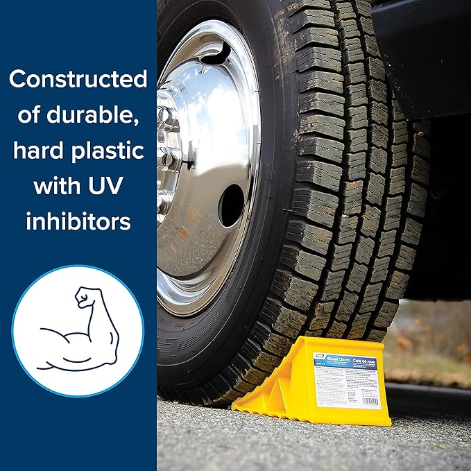 Camco Standard Wheel Chock for Trailers & RVs - Heavy Duty Trailer Wheel Chock Constructed of Durable Plastic w/UV inhibitors - for Use w/Tires Up to 26-inches - Re-Hitch in Confidence - 44412