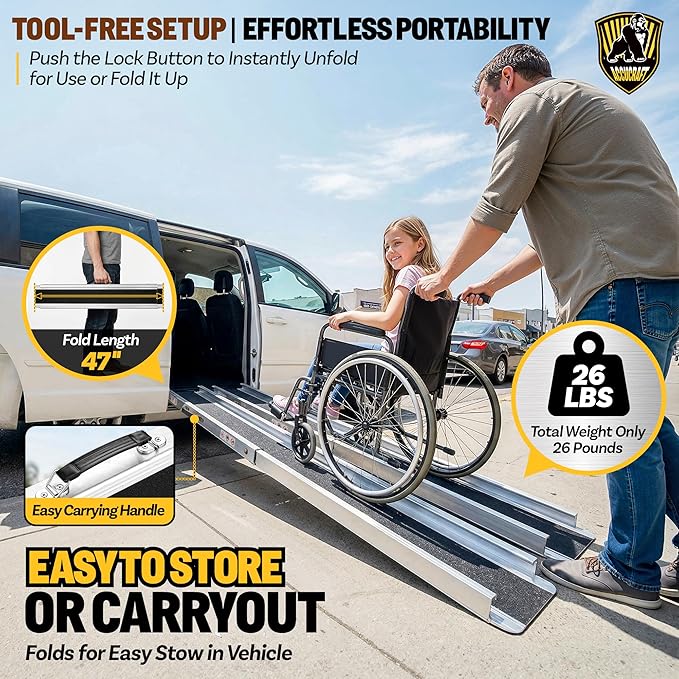 7FT Portable Wheelchair Ramp 2.0, 1200 LBS Capacity Adjustable Wheelchair Ramp for Home Steps, 2PC Threshold Aluminum Handicap ramps for wheelchairs for Home, Stairs, Doorways, Car, Non-Skid