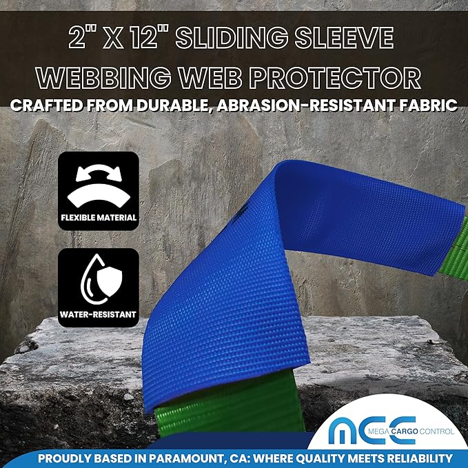 Mega Cargo Control Webbing Protectors for 2" Wide Tie-Downs, Tow Straps, Winch Tie Down System - Blue, 12" Sliding Sleeves (2 Pack)