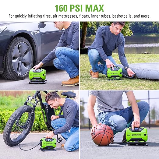 Greenworks 24V Cordless Tire Inflator, 160 PSI Portable Air Compressor, 2 Power Sources & 24V 4.0Ah Lithium-Ion Battery (Genuine Greenworks Battery)