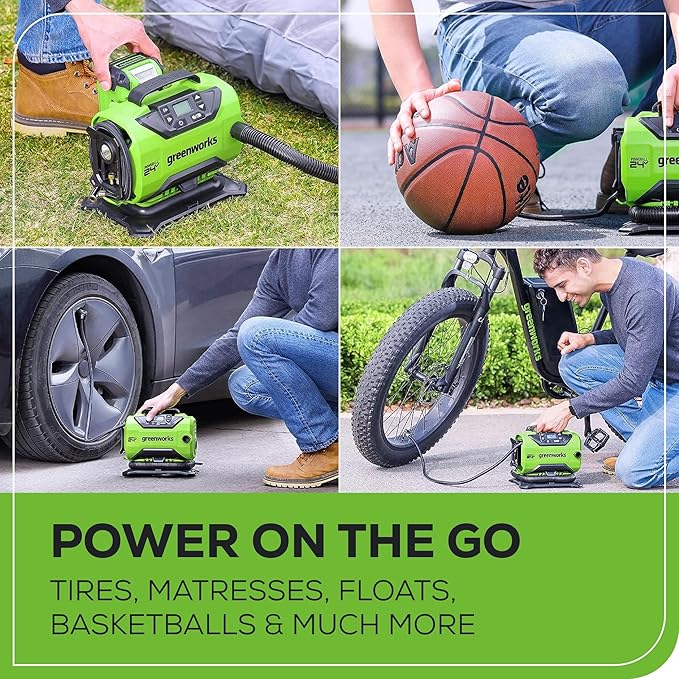 Greenworks 24V Cordless Tire Inflator, 160 PSI Portable Air Compressor, 2 Power Sources, Auto Shut Off, for Car, Bicycle, Motorcycle, Air Boat, Inflatables With 2.0 Ah Battery & 2A Fast Charger