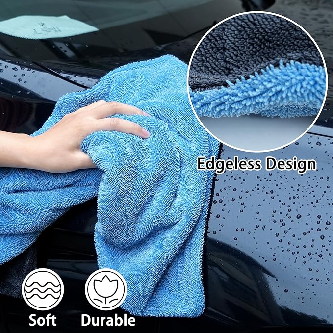 LIVOS 2 Pack Car Drying Towel, Premium Microfiber Towels for Cars, 1000GSM, Edgeless Twisted Loop Design, No Streaks, Scratches, or Water Spot, Absorbent Wash Towel, 18" x 24" (Blue&Grey)
