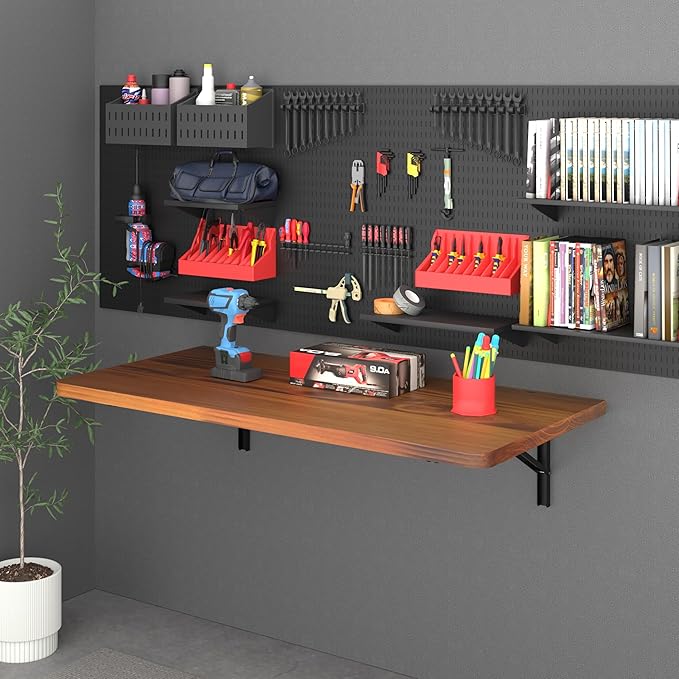 IAE Floating Wall Mounted Folding Table Desk with Pine Wood,36" x 22" Foldable Workbench,Fold Down wall Mounted Foldable Desk with Shelf Brackets,Laundry Folding Table for Home,Dining,Kitchen,Teak