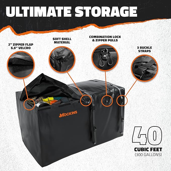 Mockins 40 CuFt XXL Trailer Hitch Cargo Carrier Bag | 70"x30"x33" Waterproof Cargo Bag for Hitch Carrier | All-Weather Abrasion-Resistant Vinyl Vehicle Soft-Shell Carriers w/Straps, Lock & Carry Bag