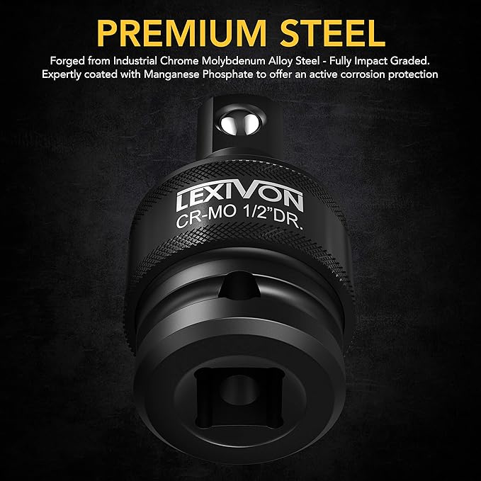 LEXIVON 1/2-Inch Drive Click Torque Wrench 10~150 Ft-Lb/13.6~203.5 Nm + Universal Joint Socket Swivel Set | 3-Piece Ball Spring Design 1/2", 3/8", and 1/4" U-Joint Drive