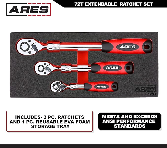 ARES 42055-3-Piece 72-Tooth Extendable Ratchet Set - Chrome Vanadium Steel - Mirror Polish Chrome Finish - Comfort Grip Injection Handle - Quick Release Socket Change - 72-Tooth Reversible Design