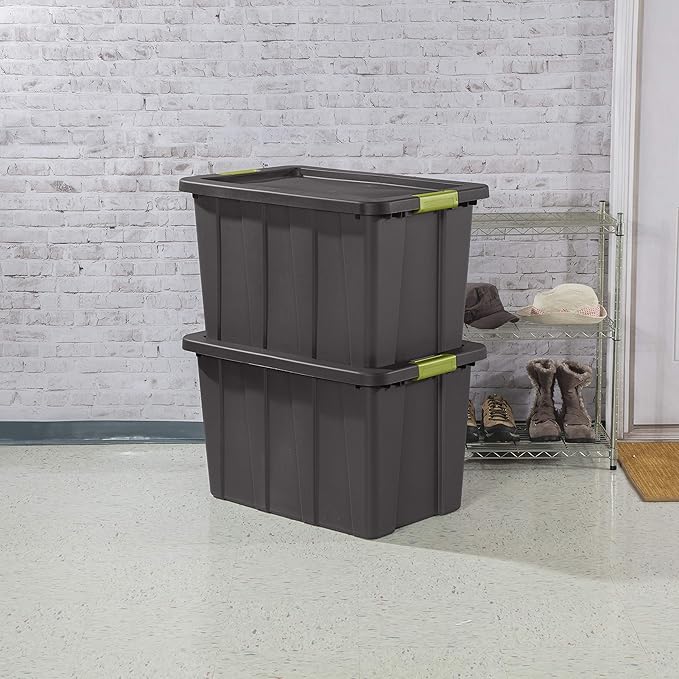 Sterilite 30 Gal Latching Tuff1 Storage Tote, Stackable Bin with Latch Lid, Plastic Container to Organize Garage, Basement, Gray Base and Lid, 4-Pack
