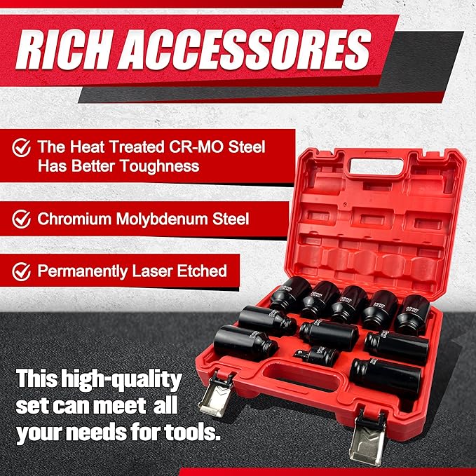 11PCS 1/2" Axle Nut Socket Set,Drive Spindle Wheel Axle Nut Wrench Large Sockets,CR-MO Steel,6-Point,(27,29,30,31,32,33,34,35,36,38mm,3/4 to 1/2 Adapter)