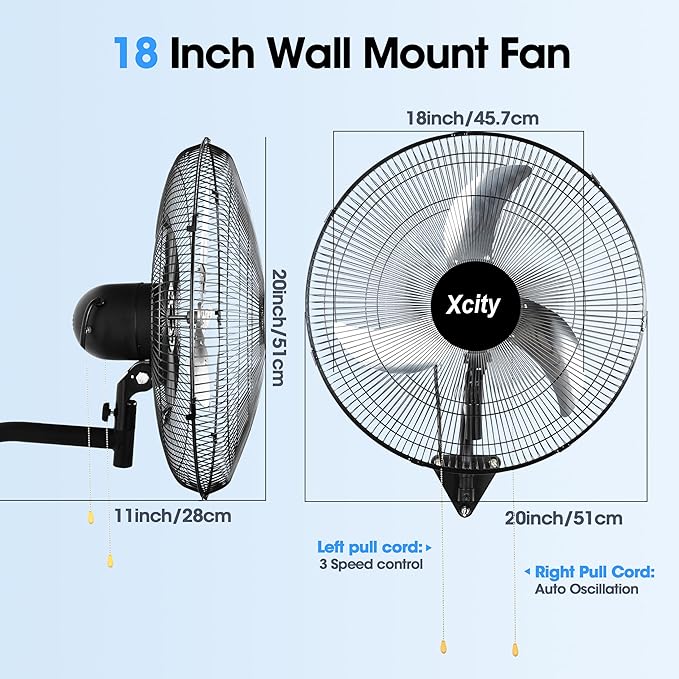 Xcity 18 inch Industrial Wall Mounted Oscillating Fan, 3-Speed, High Velocity, Max 4200 CFM, Adjustable Tilt, Heavy Duty Metal Outdoor Fans for Patio, Garage, Workshop, Warehouse, Black