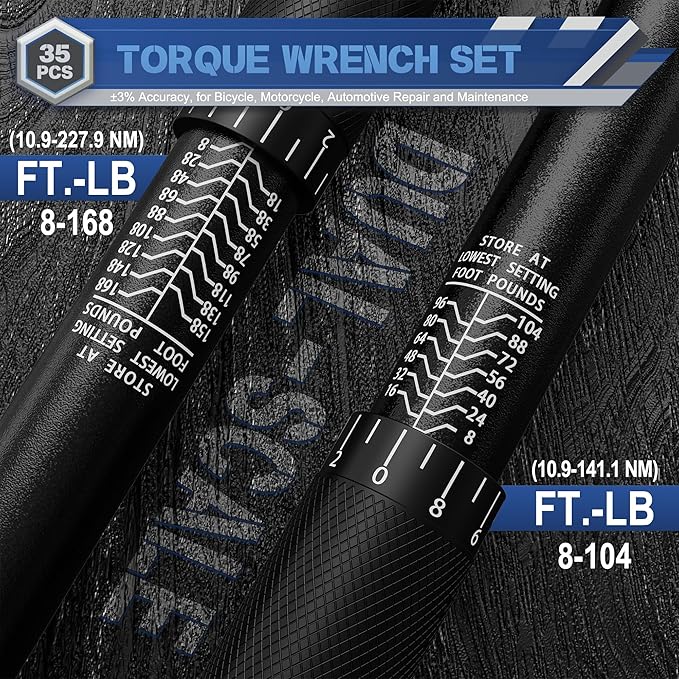 Torque Wrench Set 35PCS, 1/4" 3/8" 1/2" Drive Click Torque Wrench, 72 Tooth Dual-Direction Adjustable, Dual Scale, ±3% Accuracy, for Bicycle, Motorcycle, Automotive Repair and Maintenance