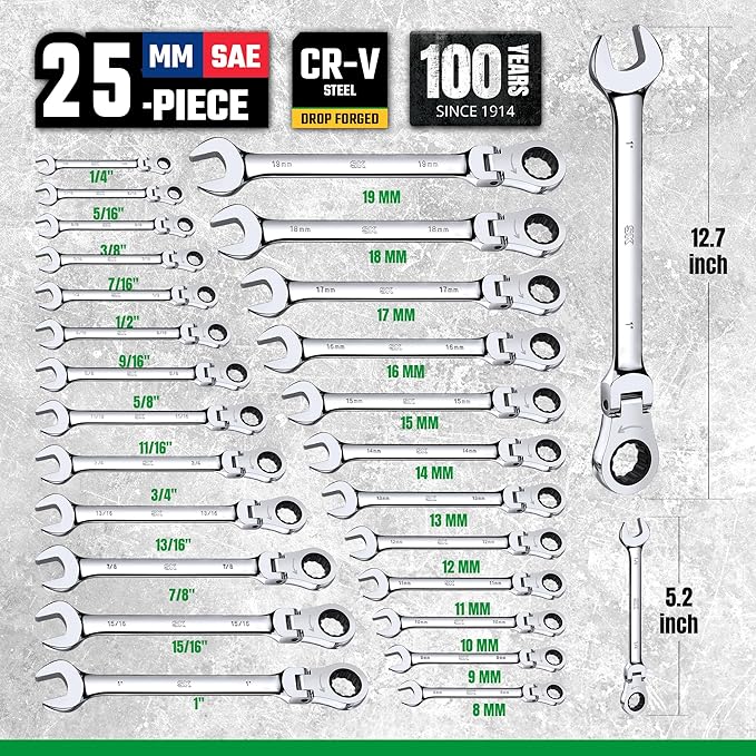 SK Flex-Head Ratcheting Wrench Set, Combination Wrench Set, 25-Piece, SAE 1/4" to 1", Metric 8 to 19mm, 72-Tooth, Premium CR-V Construction, with Rack Organizer